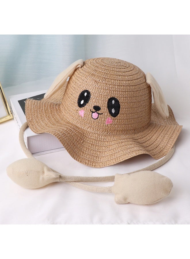KUYING New Rabbit Ears Moving Straw Hat Children's Cute Wave Brim Fisherman Hat 