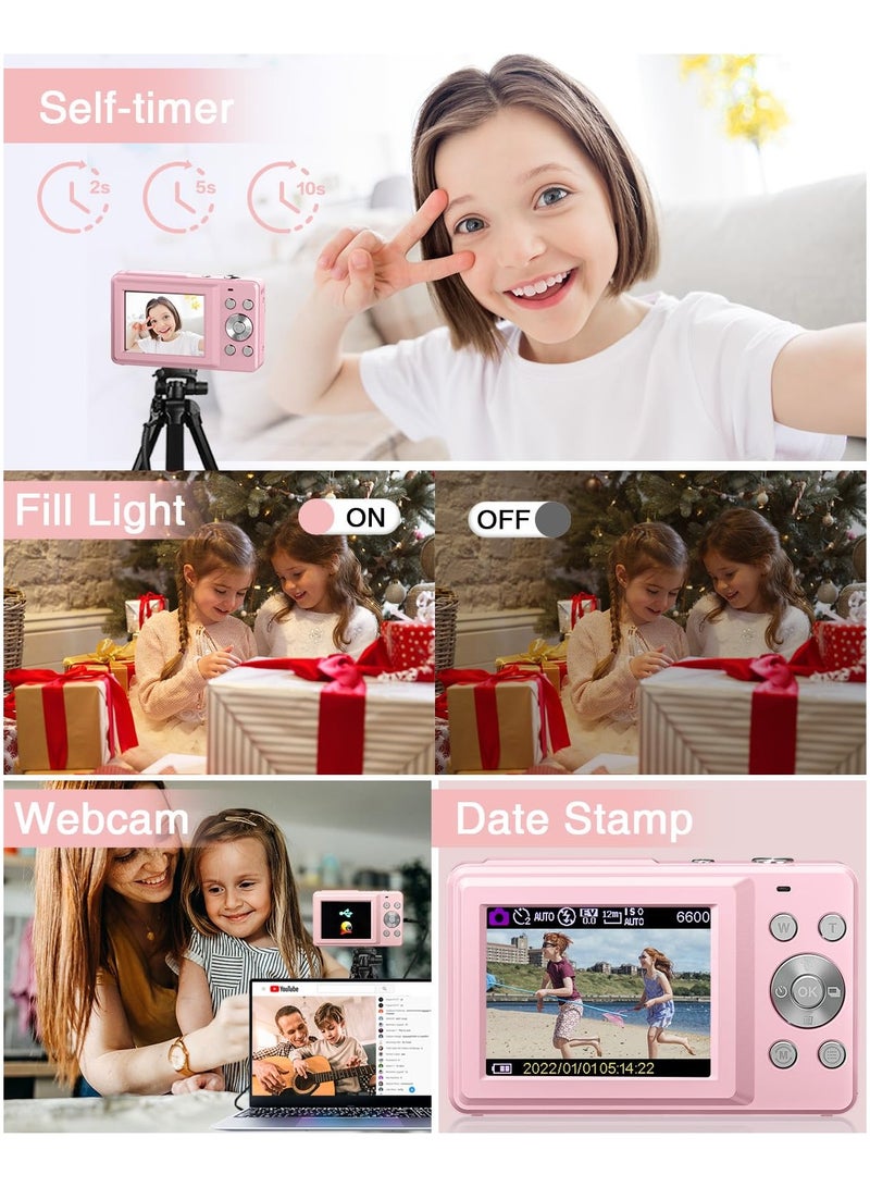 Digital Camera, FHD 1080P Camera, Digital Point and Shoot Camera with 16X Zoom Anti Shake, Compact Small Camera for Kids (Pink)