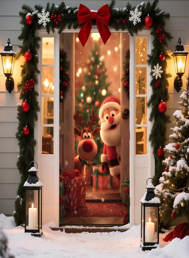 BVBOX Christmas Door Cover 35.4"x70.8", Santa Elk Welcome Christmas Front Door Decoration Covers, Decorative Xmas Banner for Home Classroom Christmas Decor - Image 1