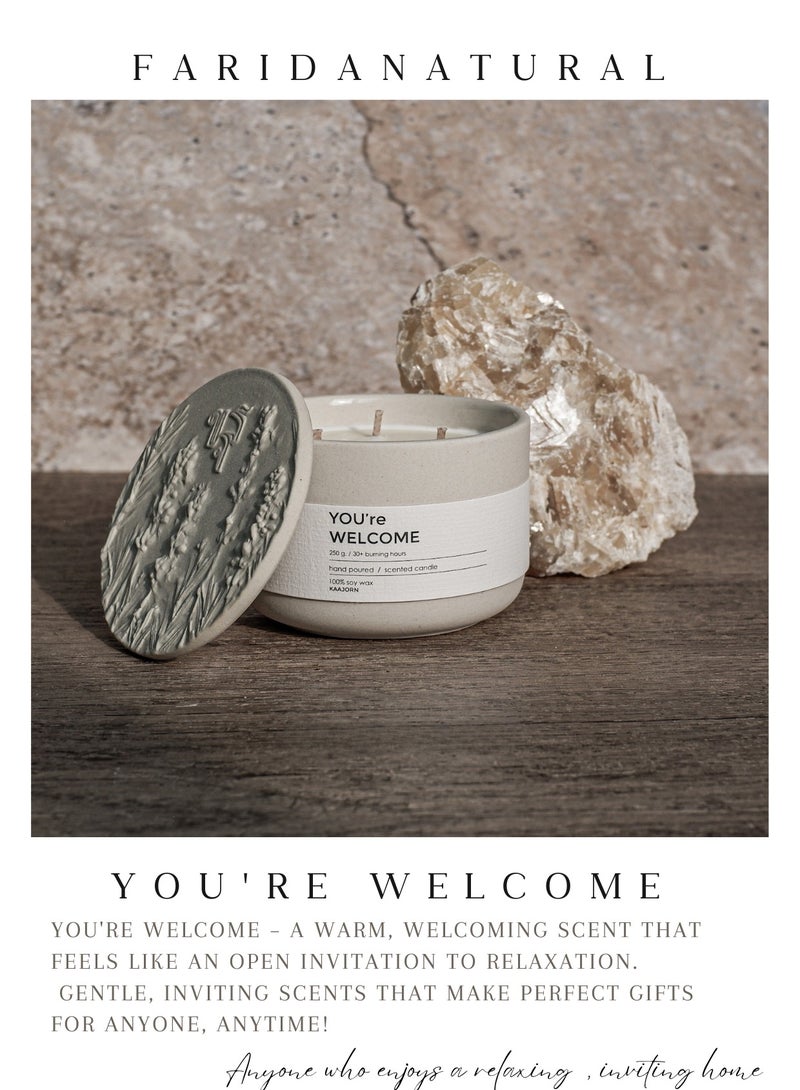 FARIDA NATURAL Serene & Comforting Aroma Scented Candle – 100% Soy Wax, Handmade in Thailand using natural products, 3-Wick, 250g, 30+ Hour Burn – Eco-Conscious Gift "You're Welcome" by Kaajorn. - Image 2