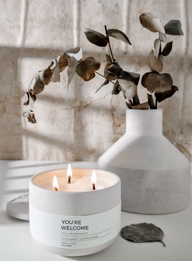 FARIDA NATURAL Serene & Comforting Aroma Scented Candle – 100% Soy Wax, Handmade in Thailand using natural products, 3-Wick, 250g, 30+ Hour Burn – Eco-Conscious Gift "You're Welcome" by Kaajorn. - Image 5