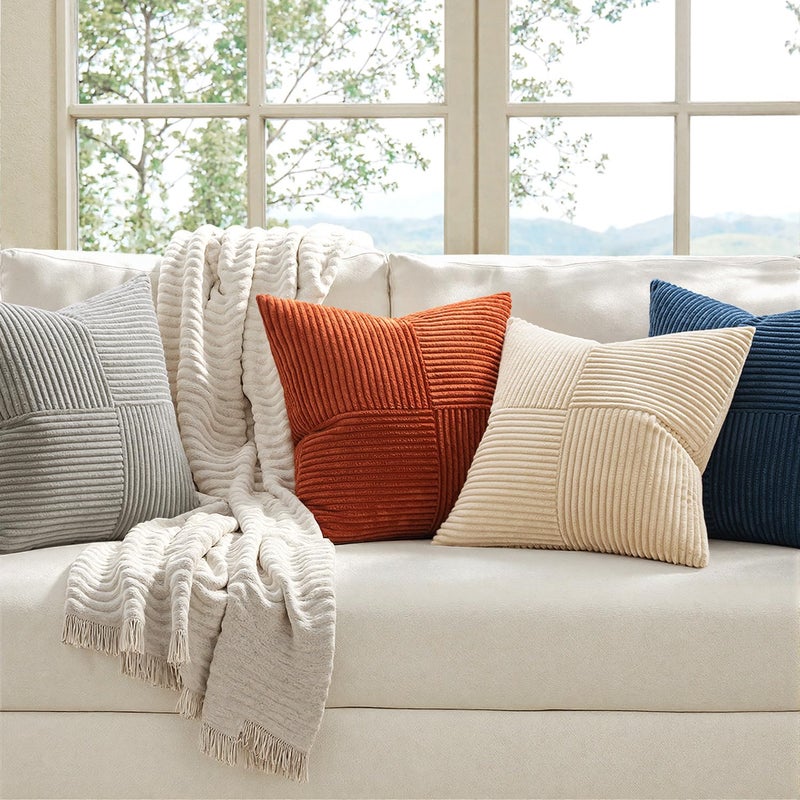 MIULEE Blue Rust Throw Pillow Covers 18x18 Inch Set of 4 Boho Farmhouse Cushion Cases Soft Corduroy Nordic Corduroy Pillow Cases Patchwork Home Decor for Couch Sofa Bedroom - Image 2
