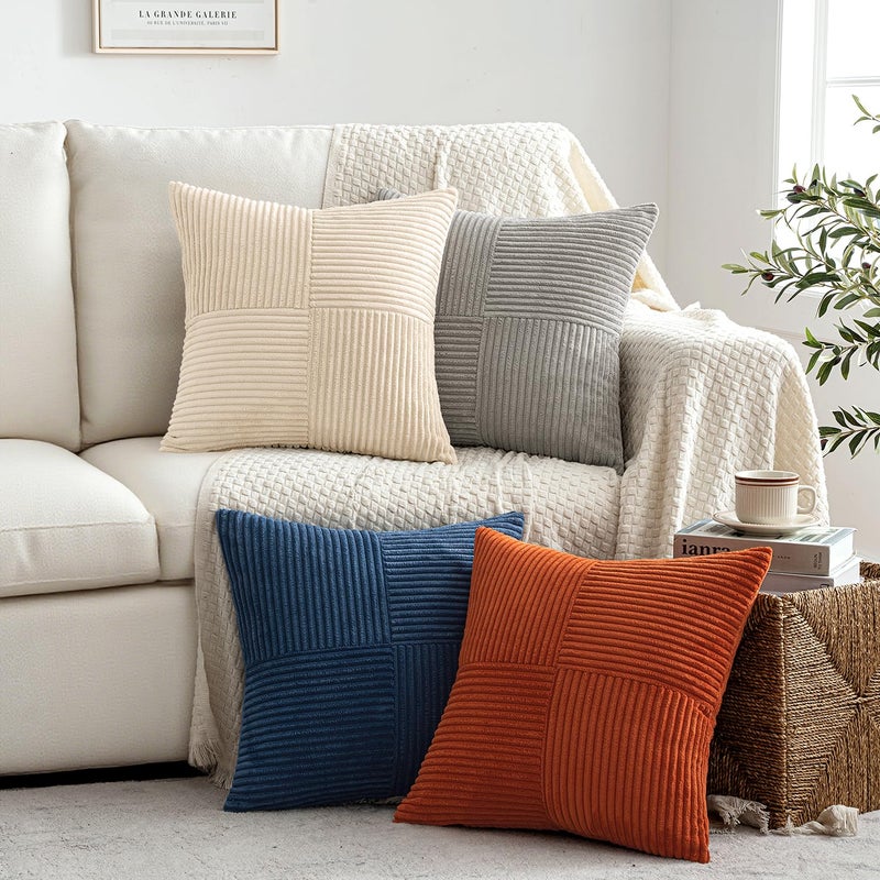 MIULEE Blue Rust Throw Pillow Covers 18x18 Inch Set of 4 Boho Farmhouse Cushion Cases Soft Corduroy Nordic Corduroy Pillow Cases Patchwork Home Decor for Couch Sofa Bedroom - Image 4