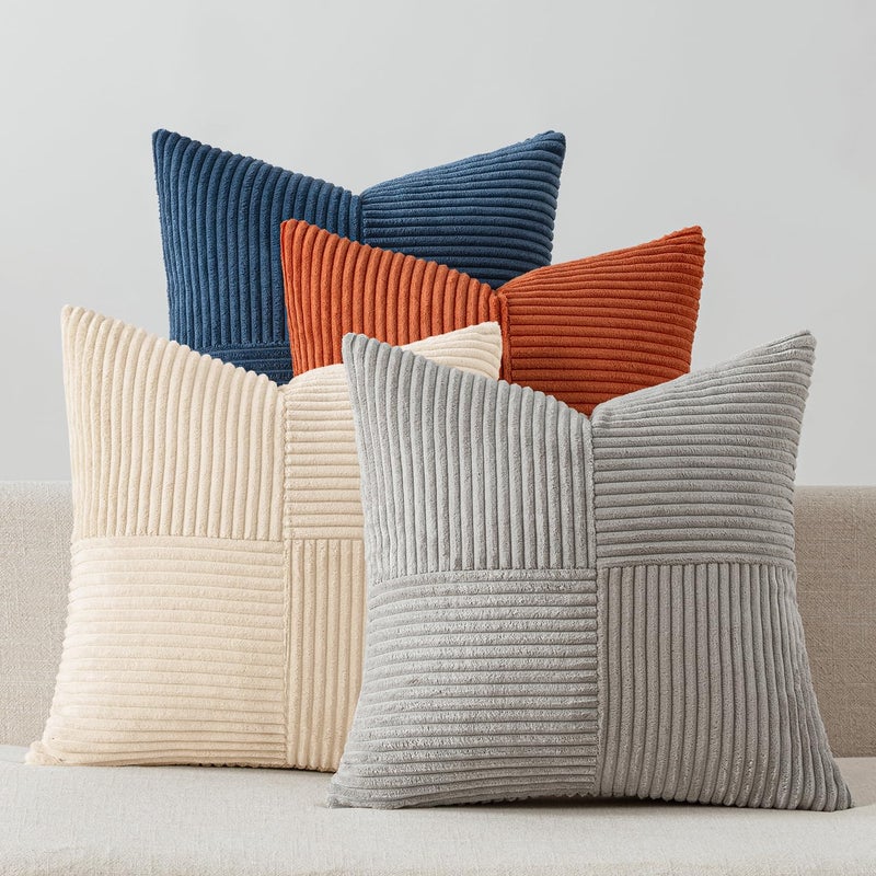 MIULEE Blue Rust Throw Pillow Covers 18x18 Inch Set of 4 Boho Farmhouse Cushion Cases Soft Corduroy Nordic Corduroy Pillow Cases Patchwork Home Decor for Couch Sofa Bedroom - Image 1