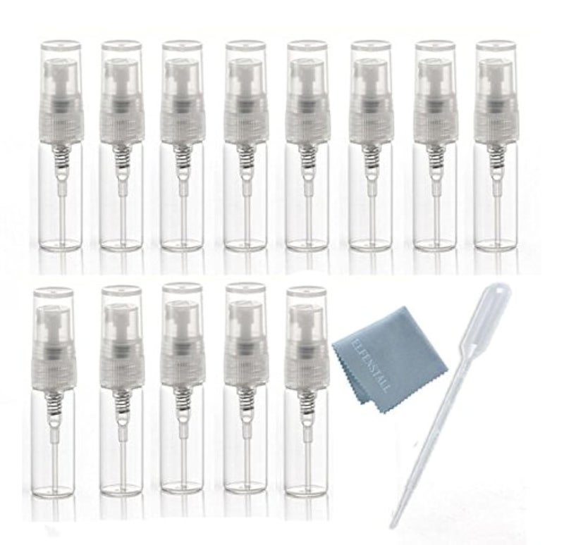 ELFENSTALL Elfenstal- 25pcs Mini Clear 3ml Fine Mist Atomizer Glass Bottle Spray Refillable Perfume Empty Bottle Glass Clean Cloth for Travel Party Portable Makeup Tool