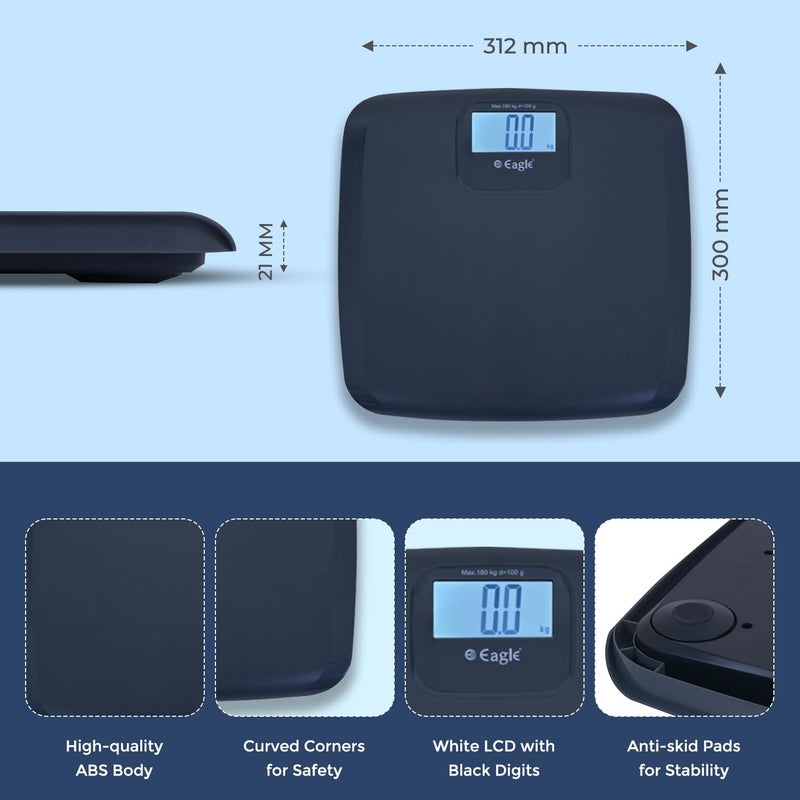 Eagle Digital Body Weighing Scale | 180 Kg Capacity, Bathroom Weight Machine for Body Weight | Easy Read LCD with Black Digits | Personal Scale for Home & Gym | 36-Month Warranty - EEP-1005A Black - Image 2