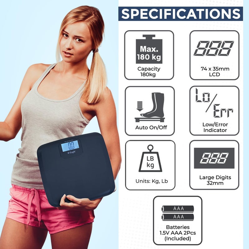 Eagle Digital Body Weighing Scale | 180 Kg Capacity, Bathroom Weight Machine for Body Weight | Easy Read LCD with Black Digits | Personal Scale for Home & Gym | 36-Month Warranty - EEP-1005A Black - Image 3