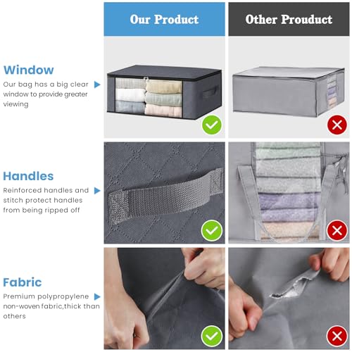 HomeHacks حقائب تخزين الملابس القابلة للطي من HomeHacks - عبوة 3 قطع مع نافذة كبيرة واضحة ومقابض قوية لخزانة الملابس، السكن الجامعي، الوسائد، الأغطية، الملابس، البطانيات، 35 لتر، رمادي - Image 4