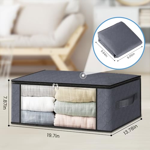 HomeHacks حقائب تخزين الملابس القابلة للطي من HomeHacks - عبوة 3 قطع مع نافذة كبيرة واضحة ومقابض قوية لخزانة الملابس، السكن الجامعي، الوسائد، الأغطية، الملابس، البطانيات، 35 لتر، رمادي - Image 2