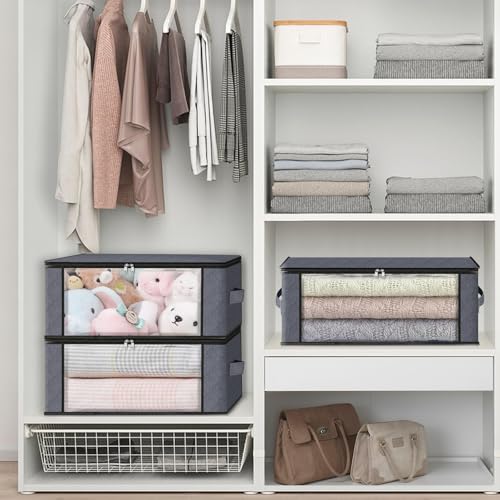 HomeHacks حقائب تخزين الملابس القابلة للطي من HomeHacks - عبوة 3 قطع مع نافذة كبيرة واضحة ومقابض قوية لخزانة الملابس، السكن الجامعي، الوسائد، الأغطية، الملابس، البطانيات، 35 لتر، رمادي - Image 5