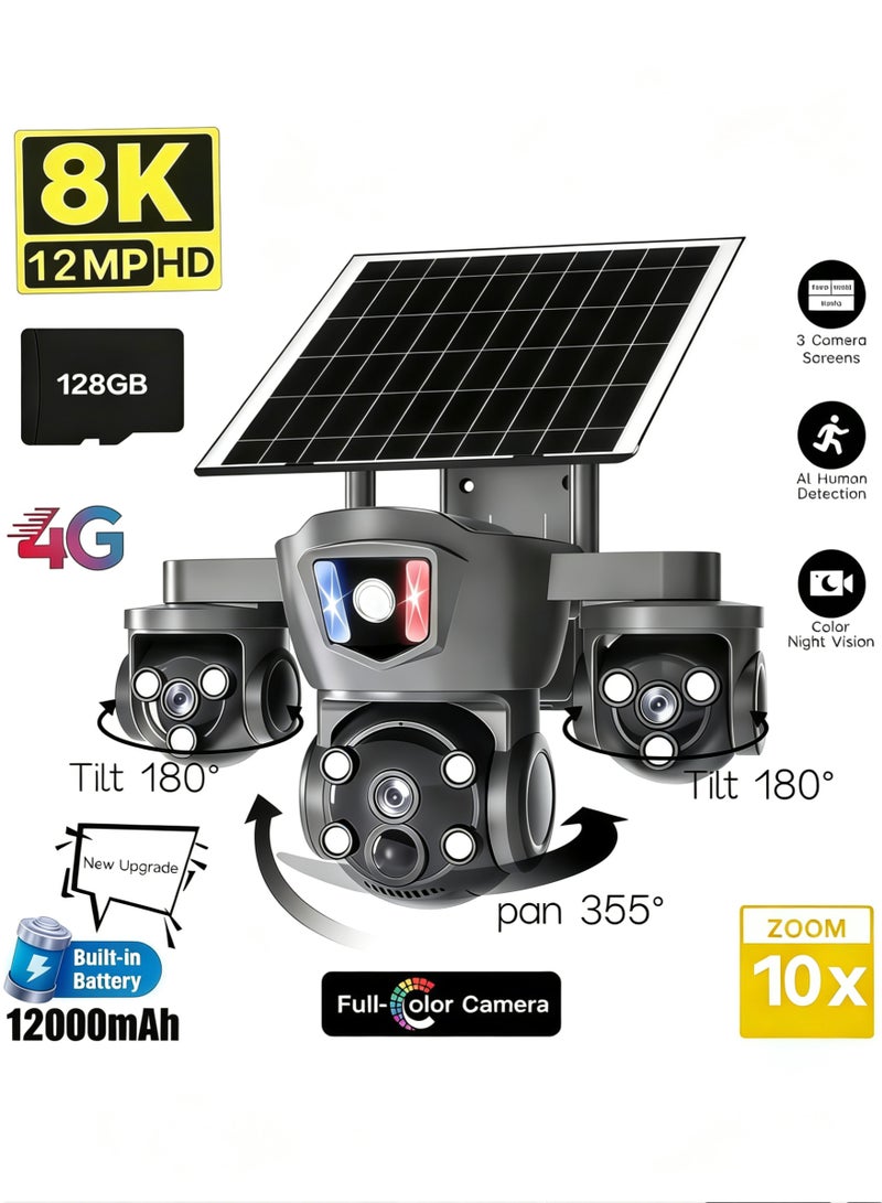 8K Solar 4G Secruity Camera True Triple Lens Triple View PTZ 360 Full Color Night Vision Outdoor PIR Human Detection，3 lenses show 3 views,  motion detection + red - blue alerts,  two - way talk—all - round! (With 128GB SD Card) - Image 1