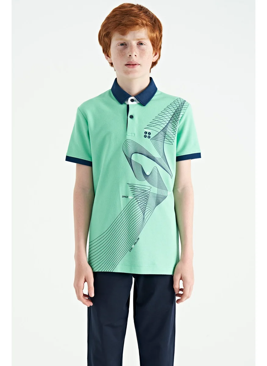 تومي لايف Water Green Print Detailed Standard Size Polo Collar Boy's T-Shirt - 11164