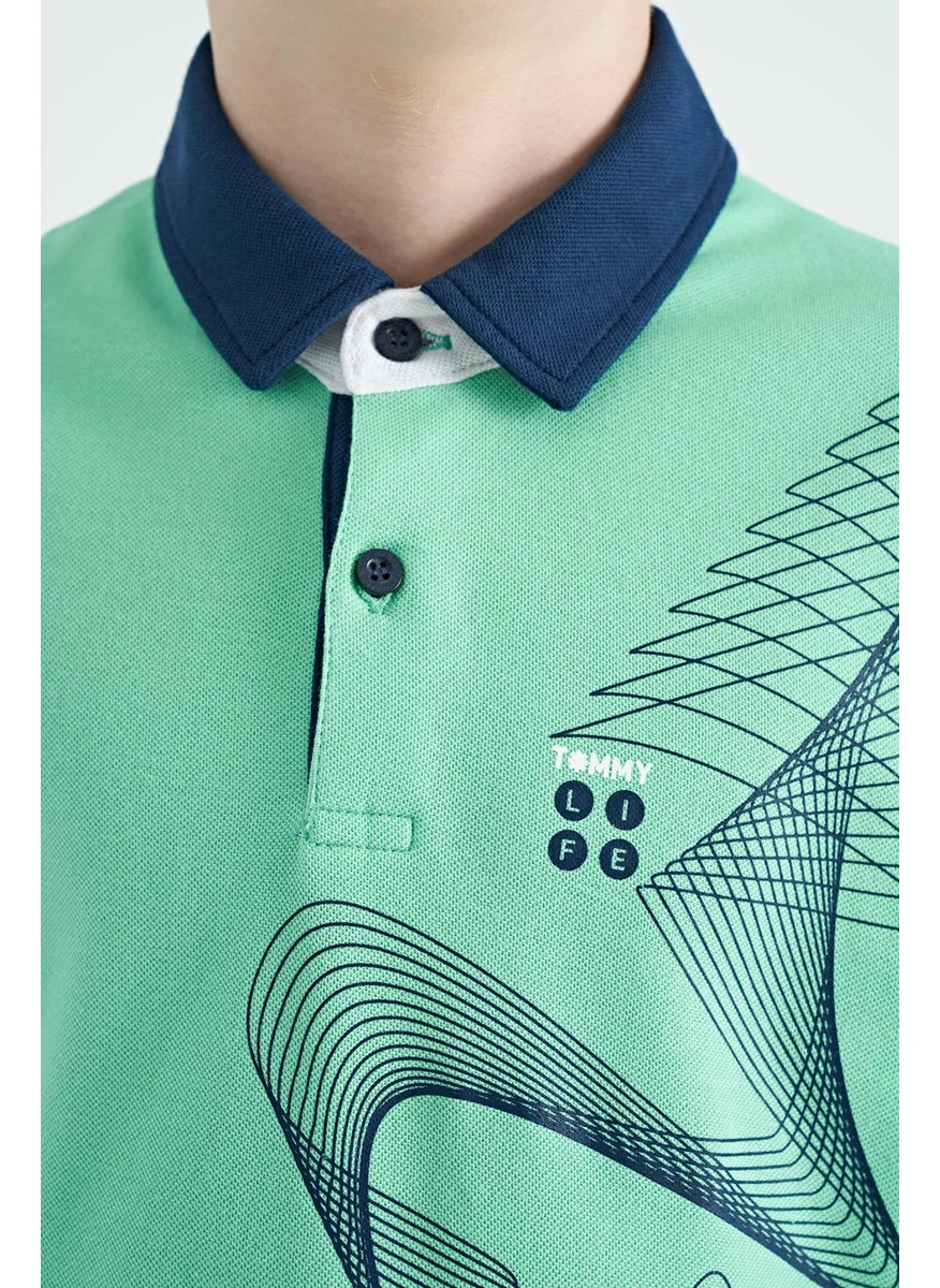 تومي لايف Water Green Print Detailed Standard Size Polo Collar Boy's T-Shirt - 11164