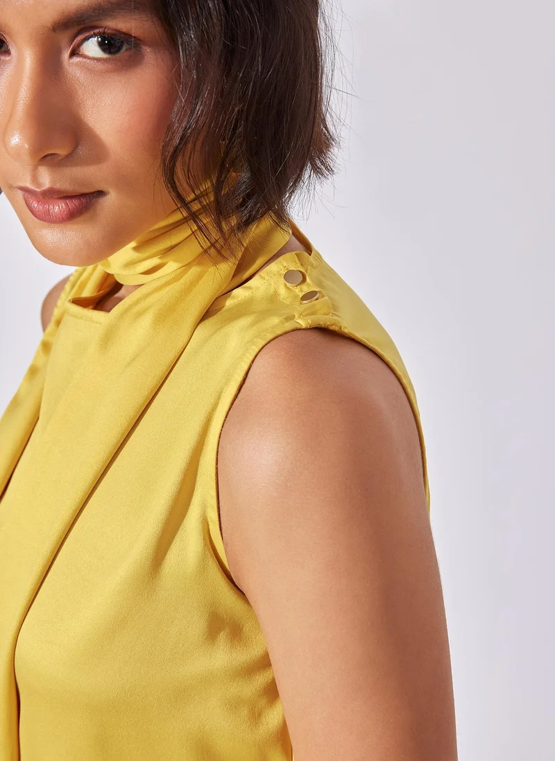 The Label Life The Label Life Women's Neck Tie-Up Satin Top - Mustard, Yellow