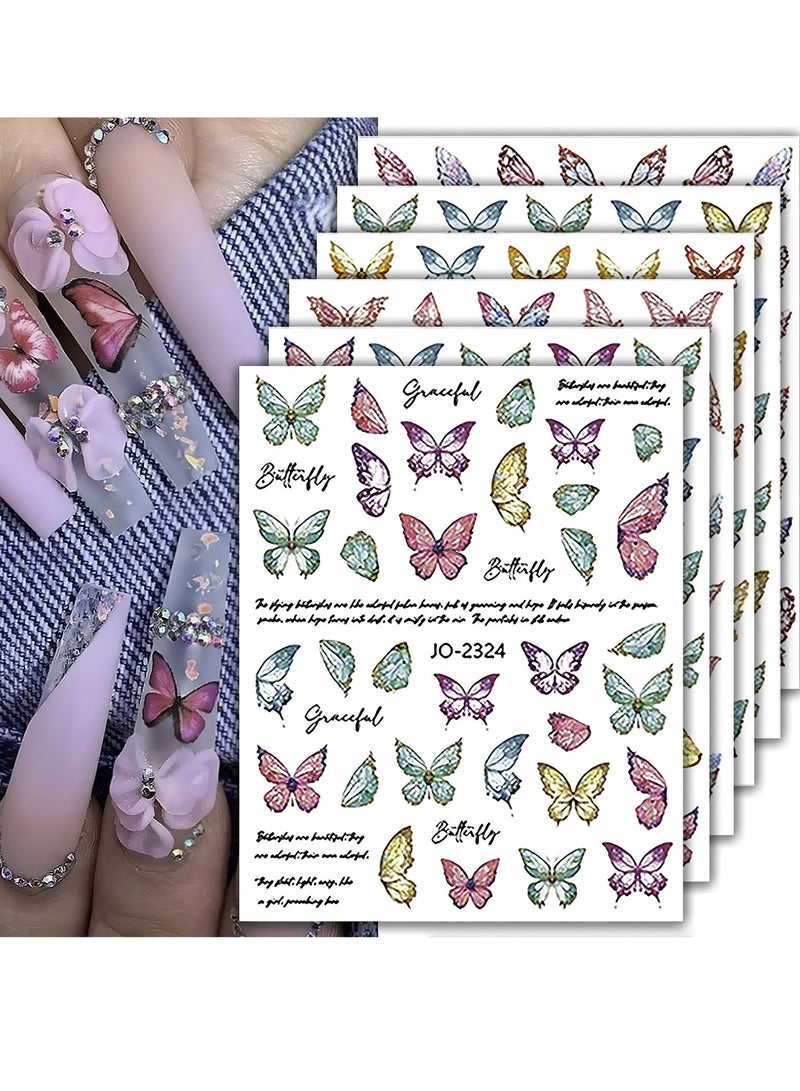 Butterfly Nail Art Stickers, 3D Butterfly Self-Adhesive Nail Decals, Nail Designs Decorations for Nail Gel Polish, Butterfly Nail Decoration DIY Manicure Decor for Women Girls, 6 Sheets - Image 1