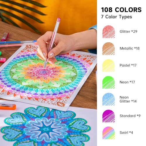 Lineon 108 Colors Gel Pens Set, Gel Pens for Adult Coloring Books Journals Drawing Doodling Art Markers - Image 2