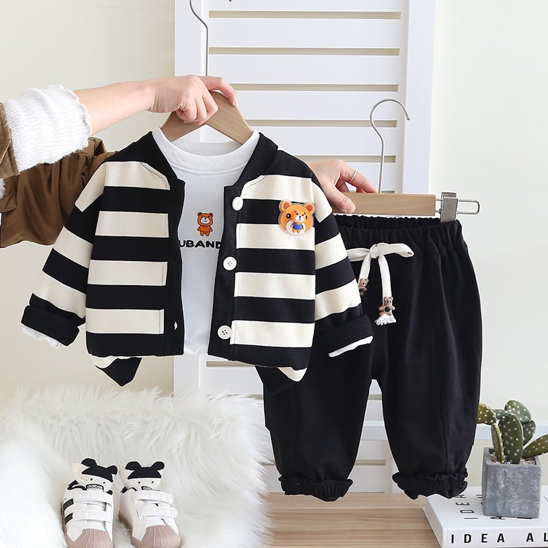 Little Boy'S Spring 2025 New Children'S Long Sleeve Striped Cardigan Jacket Children'S Casual Three-Piece Set - Image 4
