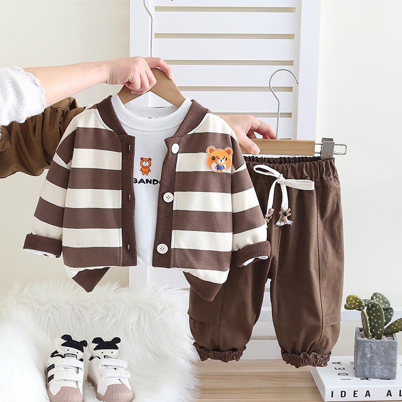 Little Boy'S Spring 2025 New Children'S Long Sleeve Striped Cardigan Jacket Children'S Casual Three-Piece Set - Image 5
