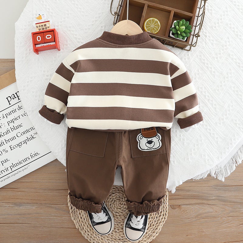 Little Boy'S Spring 2025 New Children'S Long Sleeve Striped Cardigan Jacket Children'S Casual Three-Piece Set - Image 3