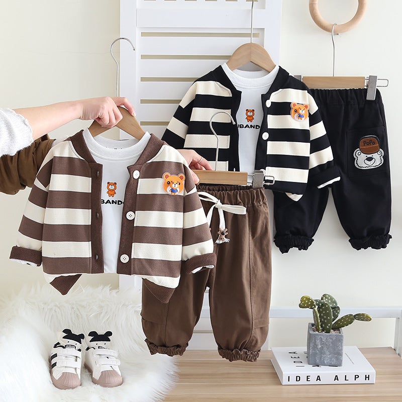 Little Boy'S Spring 2025 New Children'S Long Sleeve Striped Cardigan Jacket Children'S Casual Three-Piece Set - Image 2