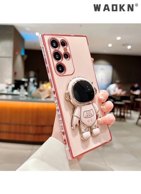 Phone Case for Samsung Galaxy S23 Ultra 6.8" 6D Electroplating Astronaut Phone Case Hidden Stand Protective Cover Astronaut Folding Bracket Phone Case with Camera Protector(pink)
