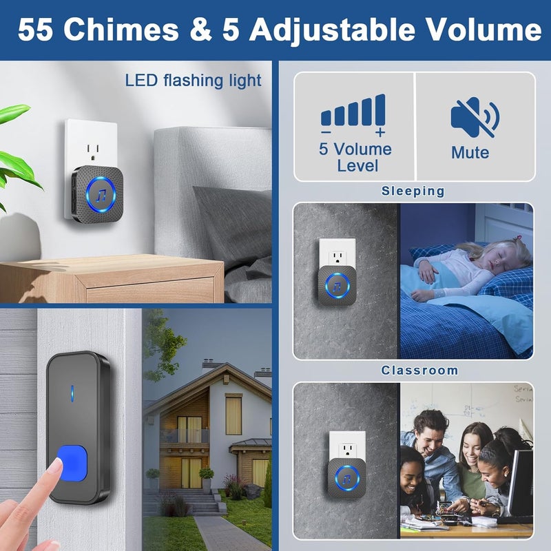 SURFOU Wireless Doorbell, Waterproof Chime Battery Power Loud Door Bell Kits with 1 Push Button 3 Plug-in Receivers - 55 Melodies for Home Classroom Door Entry Chime - Image 5