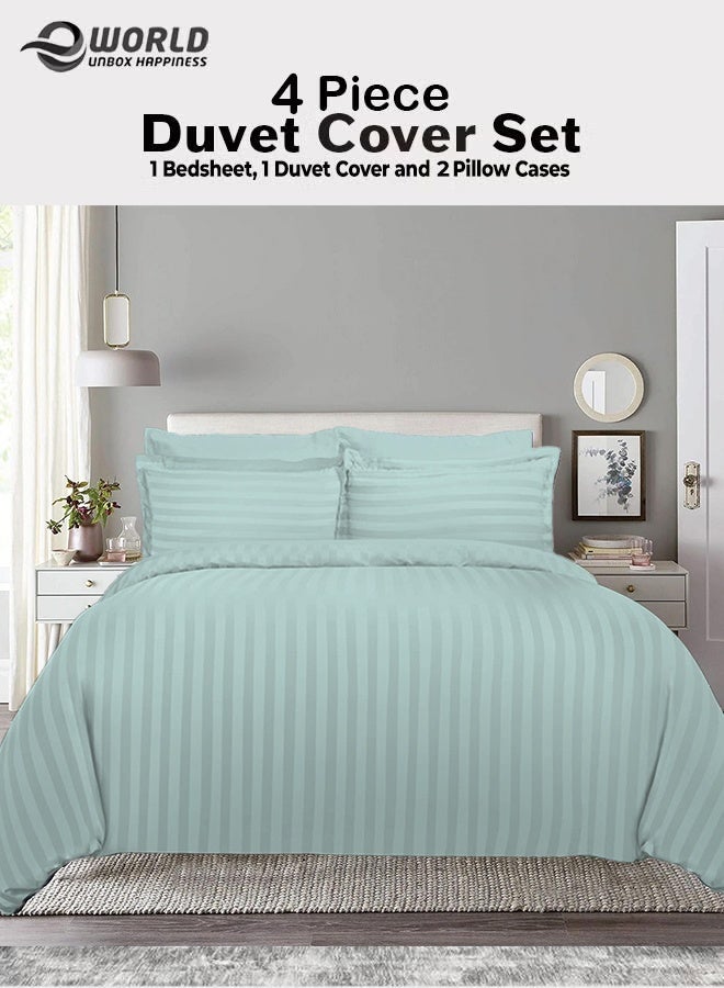 Eworld Premium Striped Duvet Set All Season – 4-Pieces Set Pastel Green | King Size 220x240 cm | Ultra-Soft, Wrinkle-Resistant & Made in Dubai | Includes Duvet Cover, Fitted Sheet (200x200 cm) & 2 Pillowcases (50x70 cm) - Image 1