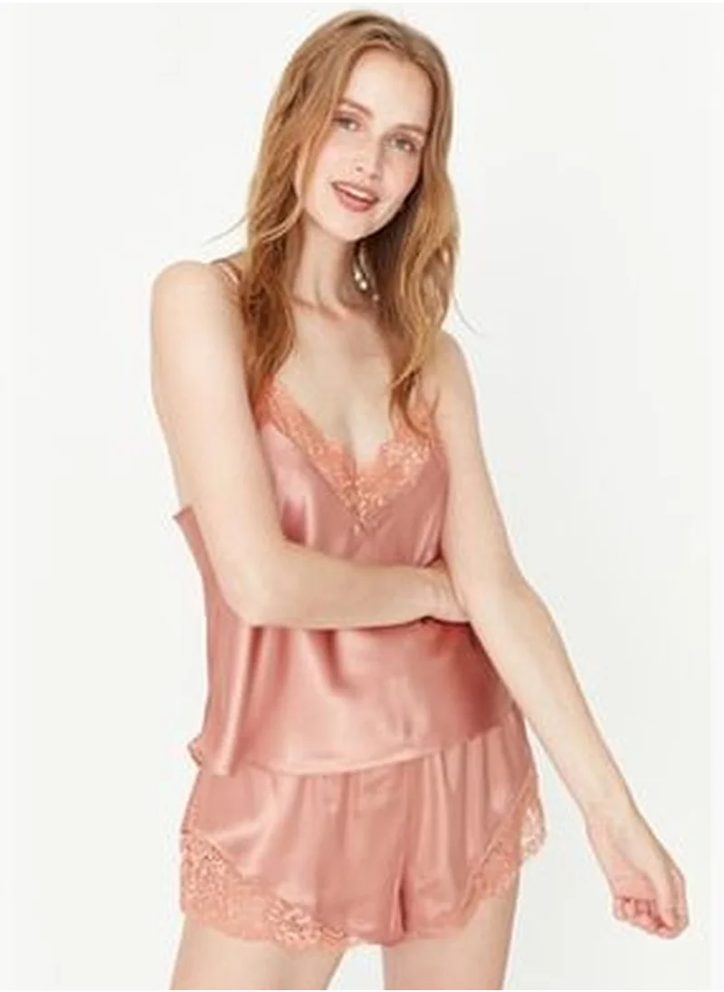 trendyol Weave Salmon Satin with Lace Detailed Pajamas Set THMSS22PT0269