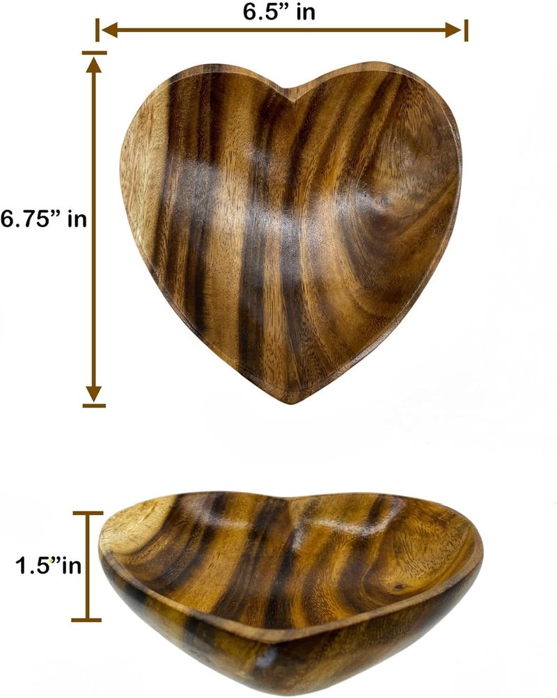 WRIGHTMART Wooden Bowl Set of 2 Heart Shaped Versatile Bowls for Serving Salads Nut Mixes or as Catchall for Jewelry Rings and Coins Durable Acacia Wood Construction Handcarved Medium Size 65 x 675 - Image 4