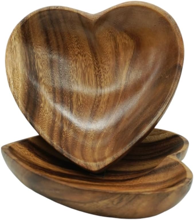 WRIGHTMART Wooden Bowl Set of 2 Heart Shaped Versatile Bowls for Serving Salads Nut Mixes or as Catchall for Jewelry Rings and Coins Durable Acacia Wood Construction Handcarved Medium Size 65 x 675 - Image 1
