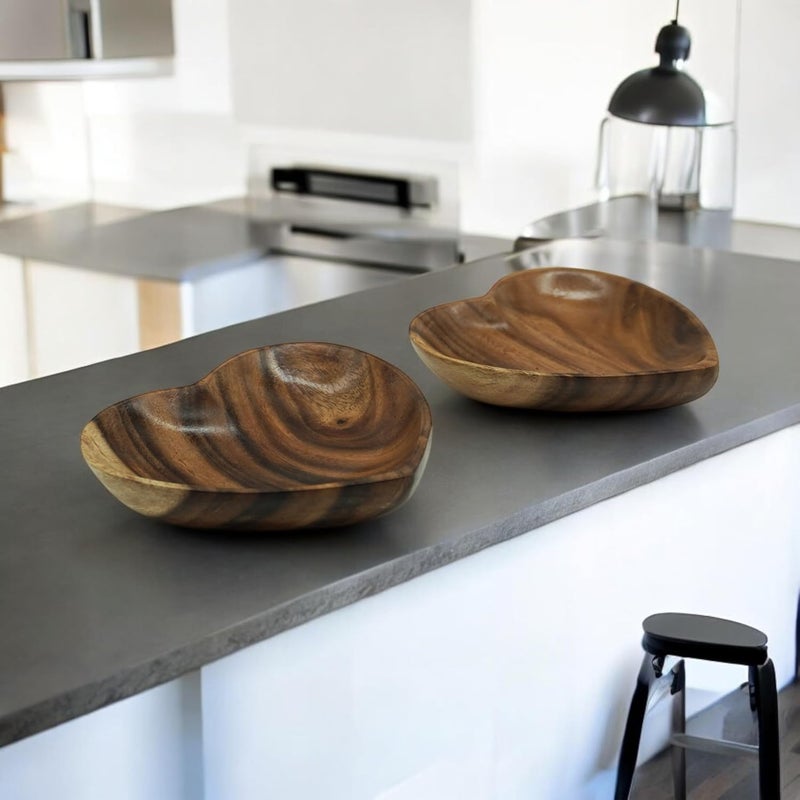 WRIGHTMART Wooden Bowl Set of 2 Heart Shaped Versatile Bowls for Serving Salads Nut Mixes or as Catchall for Jewelry Rings and Coins Durable Acacia Wood Construction Handcarved Medium Size 65 x 675 - Image 3