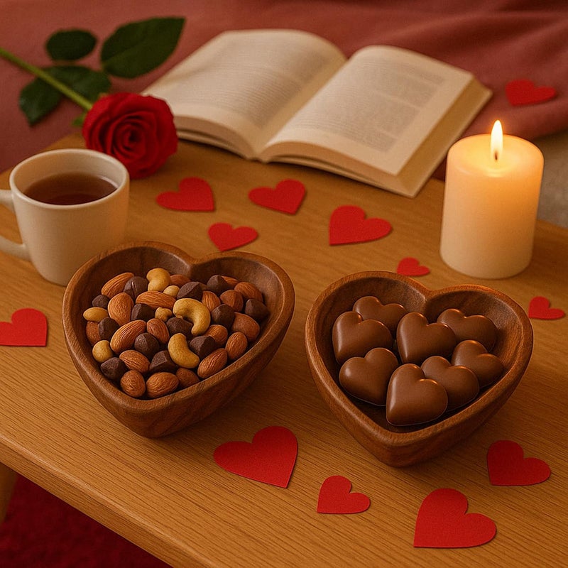 WRIGHTMART Wooden Bowl Set of 2 Heart Shaped Versatile Bowls for Serving Salads Nut Mixes or as Catchall for Jewelry Rings and Coins Durable Acacia Wood Construction Handcarved Medium Size 65 x 675 - Image 5