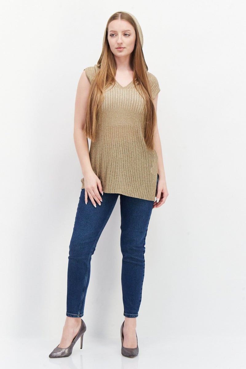 Taifun Women Hooded Neck Sleeveless Metallic Top, Gold - Image 4
