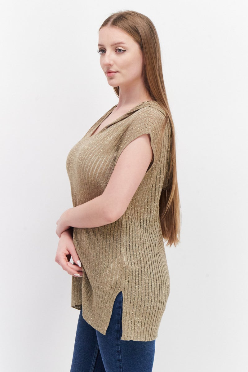 Taifun Women Hooded Neck Sleeveless Metallic Top, Gold - Image 3