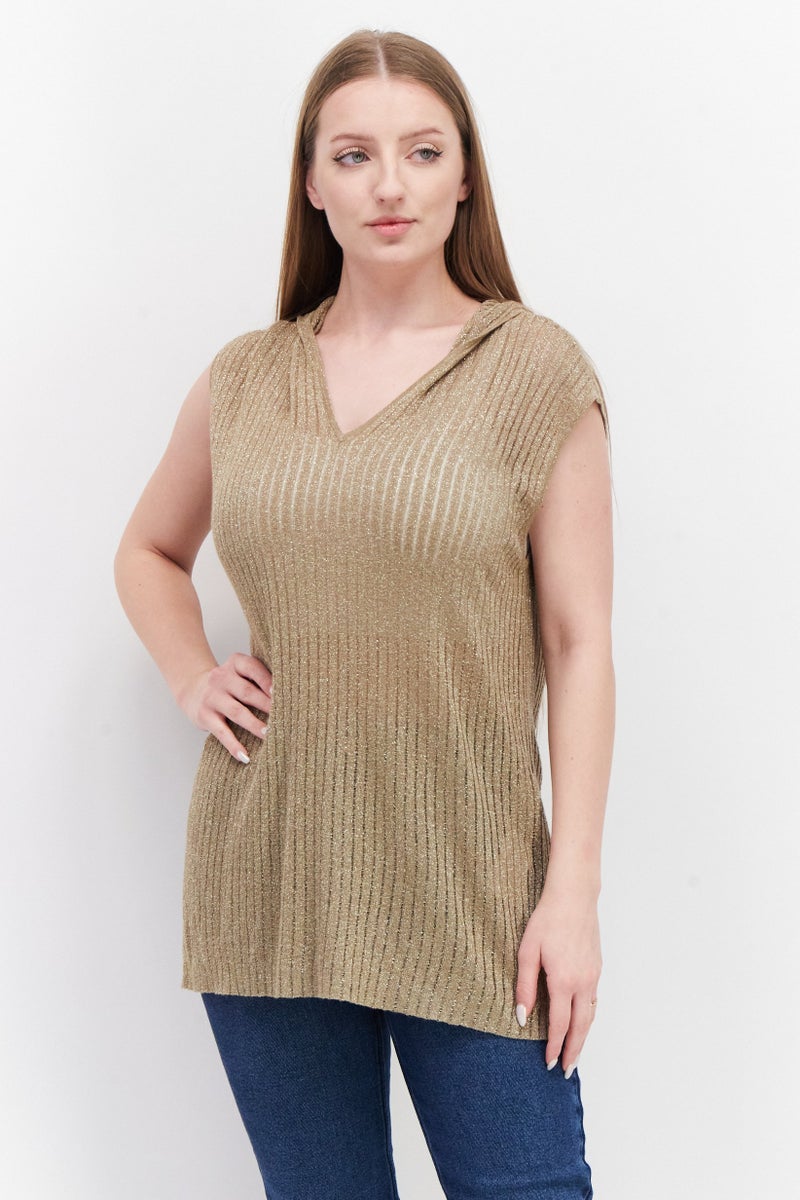 Taifun Women Hooded Neck Sleeveless Metallic Top, Gold - Image 1