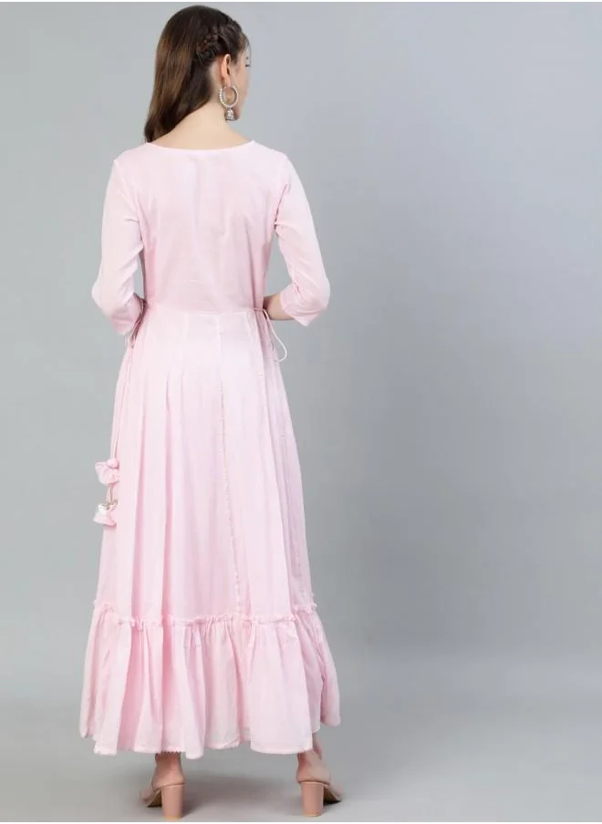 آي شين Festive Women Pink Rayon Kurtis with Embroidered pattern Tunic and features a Round neckline and Three-Fourth Sleeve secured with Elastic closure and styled in Flared ideal for Festive moments — a must-have for your statement wardrobe.
