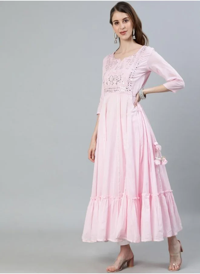 آي شين Festive Women Pink Rayon Kurtis with Embroidered pattern Tunic and features a Round neckline and Three-Fourth Sleeve secured with Elastic closure and styled in Flared ideal for Festive moments — a must-have for your statement wardrobe.
