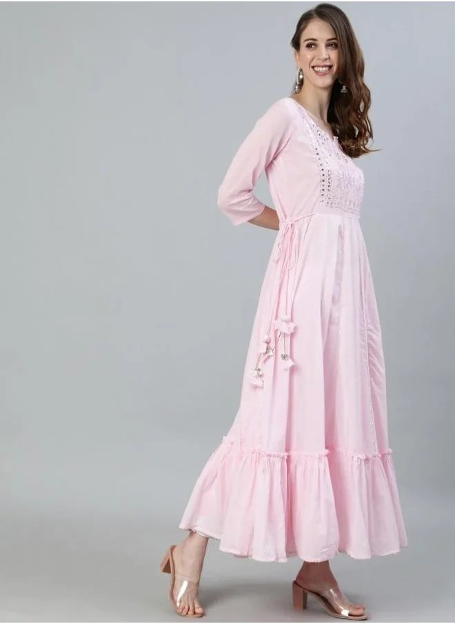 آي شين Festive Women Pink Rayon Kurtis with Embroidered pattern Tunic and features a Round neckline and Three-Fourth Sleeve secured with Elastic closure and styled in Flared ideal for Festive moments — a must-have for your statement wardrobe.