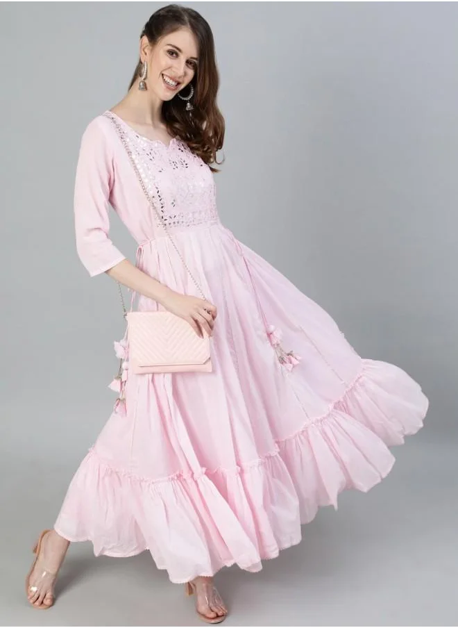 آي شين Festive Women Pink Rayon Kurtis with Embroidered pattern Tunic and features a Round neckline and Three-Fourth Sleeve secured with Elastic closure and styled in Flared ideal for Festive moments — a must-have for your statement wardrobe.