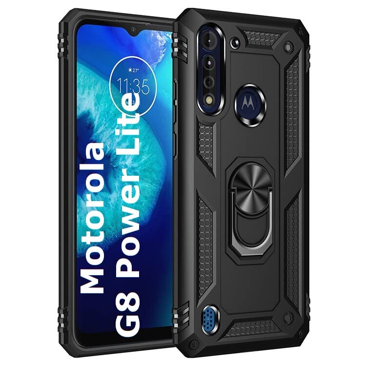 REALCASE Polycarbonate Motorola G8 Power Lite Back Cover Case | Heavy Duty Hybrid Shockproof Armor Defender with Ring Holder Back Cover Case for Motorola G8 Power Lite (R-Black) - Image 1