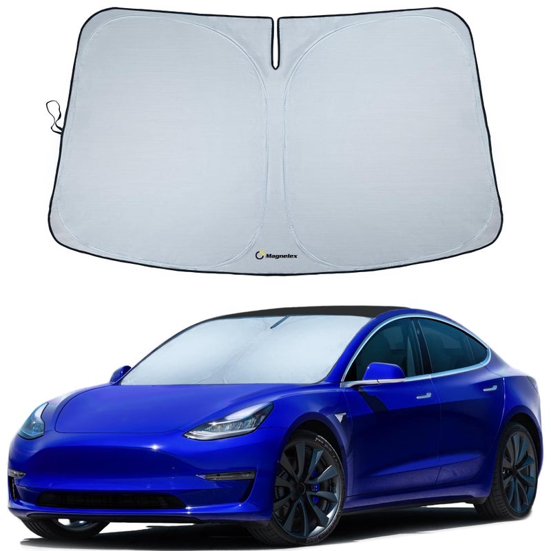 Magnelex Tesla Windshield Sunshade for Model 3Y Reflective 240T Material Sun Shade with Mirror CutOut Foldable Sun Shield