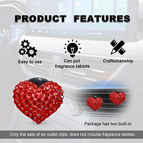 RBOKO 2Pcs Bling Crystal Heart Charms Car Air Vent Clips, Universal Car Interior Decoration Accessories (Red) - Image 4