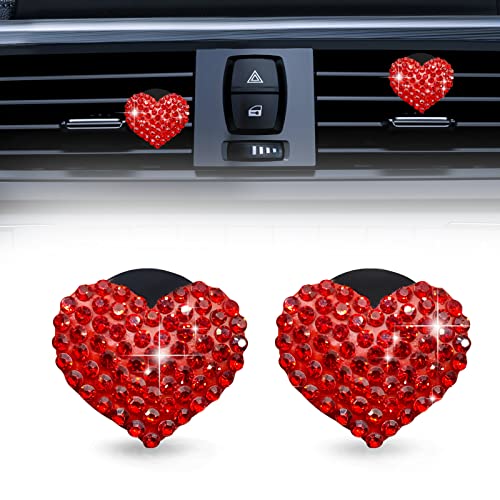 RBOKO 2Pcs Bling Crystal Heart Charms Car Air Vent Clips, Universal Car Interior Decoration Accessories (Red) - Image 1