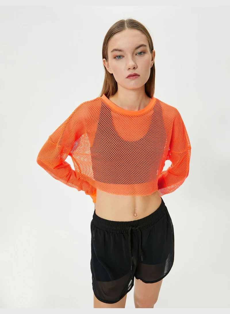 KOTON Crop Mesh T-Shirt Sport Long Sleeve Crew Neck