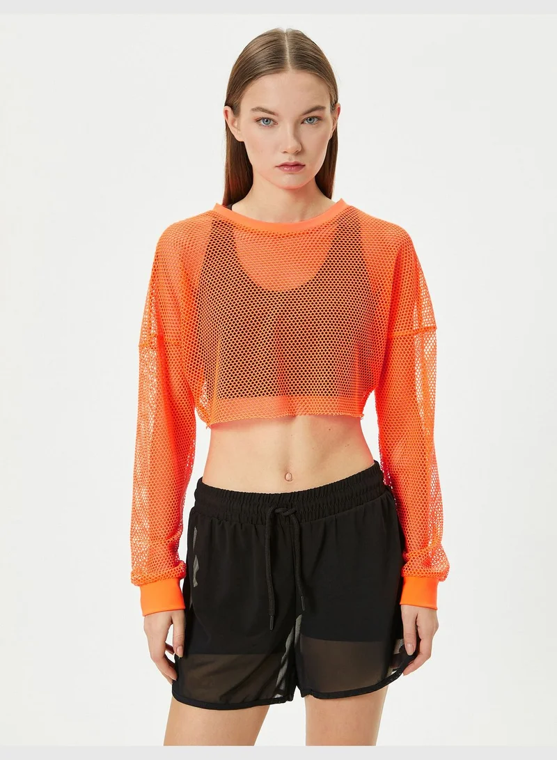 KOTON Crop Mesh T-Shirt Sport Long Sleeve Crew Neck