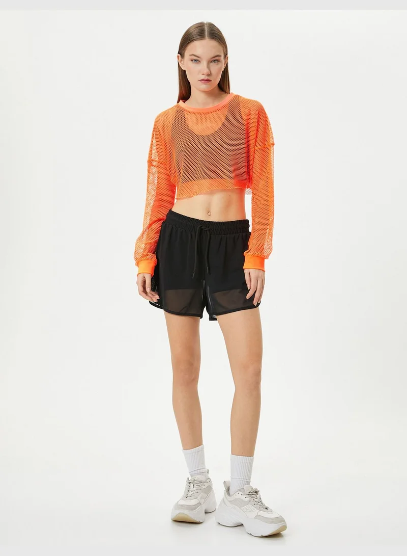 KOTON Crop Mesh T-Shirt Sport Long Sleeve Crew Neck