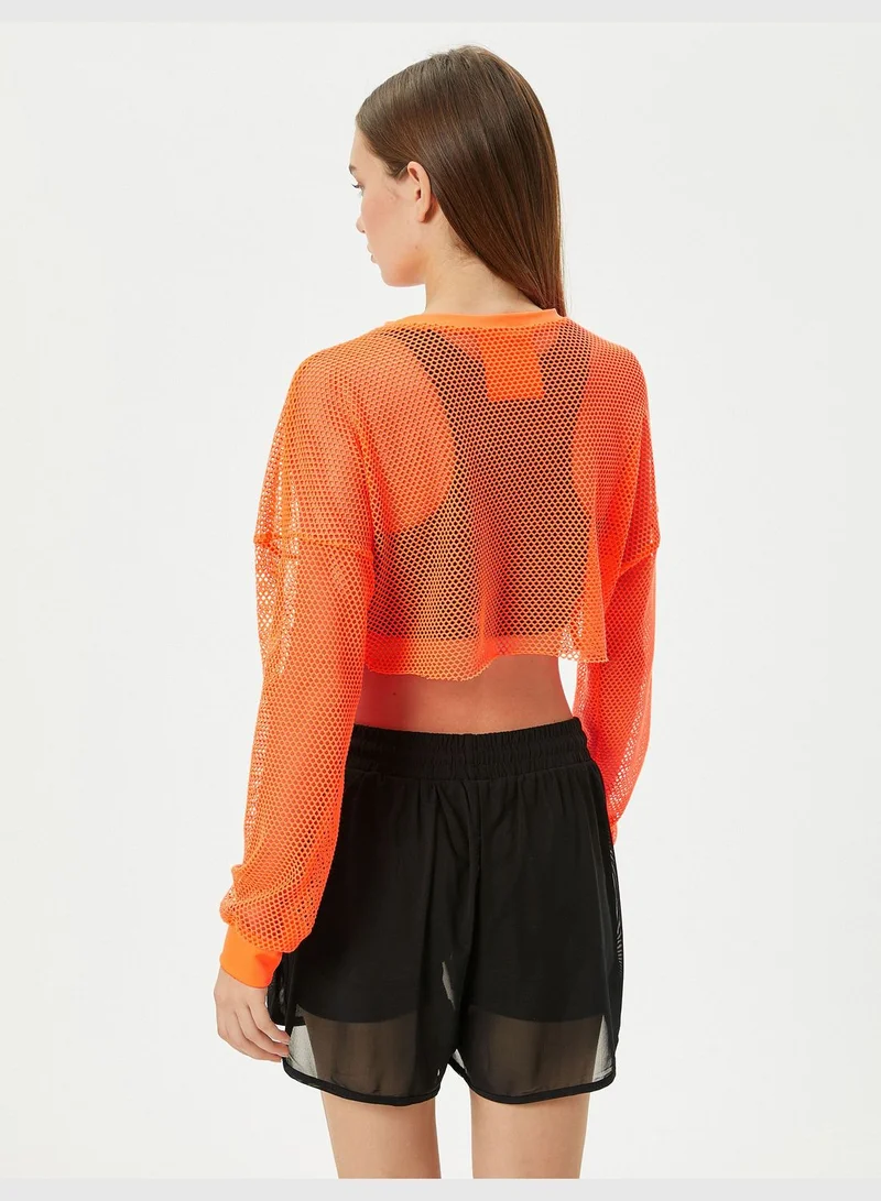 KOTON Crop Mesh T-Shirt Sport Long Sleeve Crew Neck