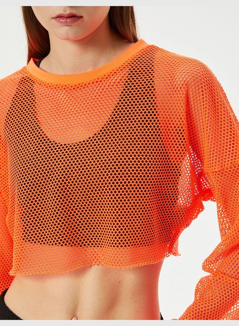 KOTON Crop Mesh T-Shirt Sport Long Sleeve Crew Neck