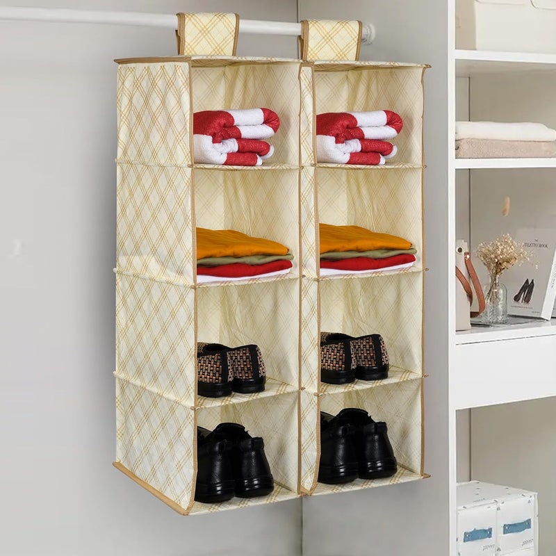 Kuber Industries Kuber Industries Pack of 2 Shoe Rack | 4 Shelf Foldable Storage Rack | Clothes Hanging Organizer | Shoe Storage Organizer | Closet Organizer with Velcro | Cabinet Storage Rack | Check-Print | Cream  - Image 1
