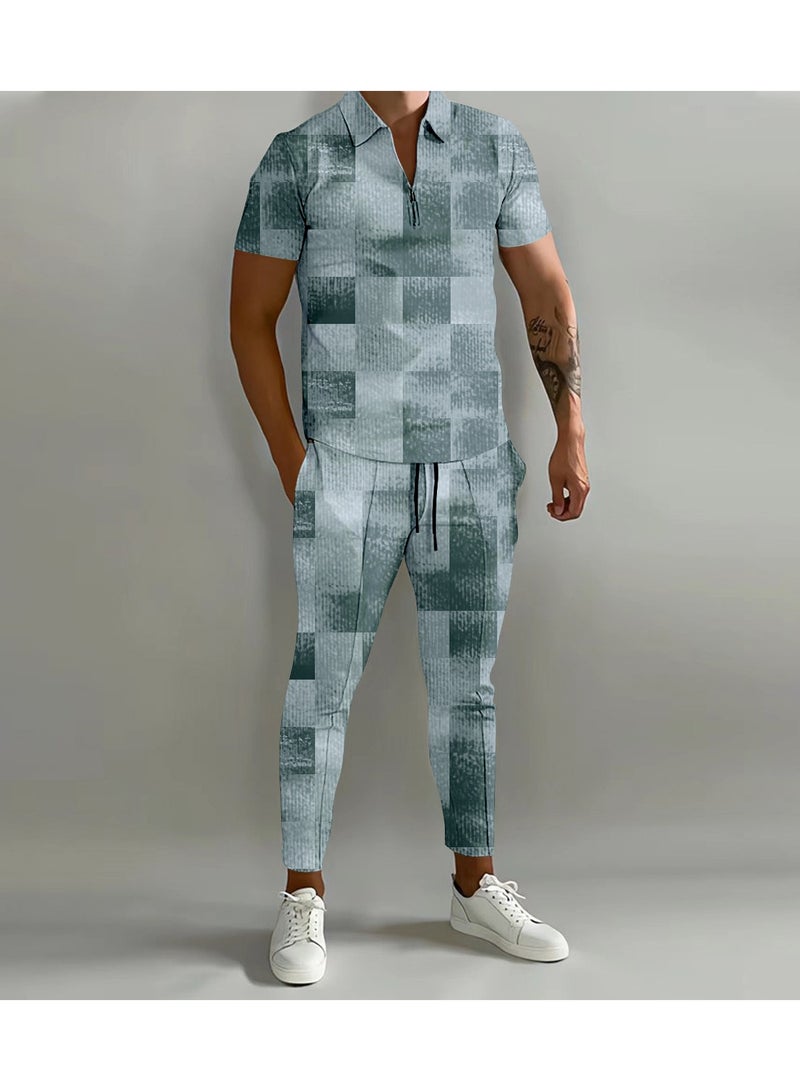 KUYING New Men's 3D Printed Gradient Short Sleeved Polo Pants Casual Two-Piece Set 